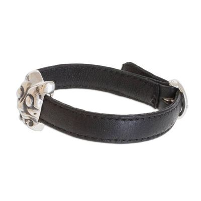 Alternate image for Archaeological Sterling Silver and Leather Jaguar bracelet Iximche Jaguar