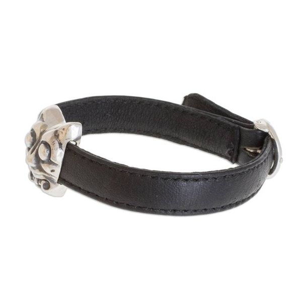 Alternate image for Archaeological Sterling Silver and Leather Jaguar bracelet Iximche Jaguar