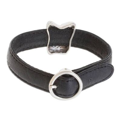 Alternate image for Archaeological Sterling Silver and Leather Jaguar bracelet Iximche Jaguar