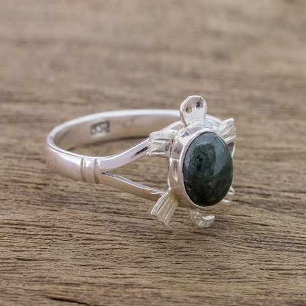 Alternate image for Sterling Silver Ring with Jade Artisan Crafted Jewelry Dark Green Marine Turtle