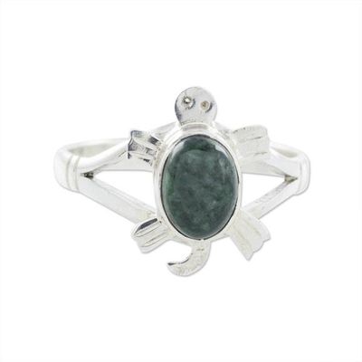 Alternate image for Sterling Silver Ring with Jade Artisan Crafted Jewelry Dark Green Marine Turtle