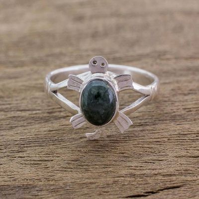 Alternate image for Sterling Silver Ring with Jade Artisan Crafted Jewelry Dark Green Marine Turtle