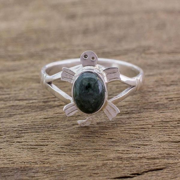 Alternate image for Sterling Silver Ring with Jade Artisan Crafted Jewelry Dark Green Marine Turtle