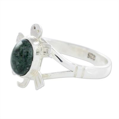 Alternate image for Sterling Silver Ring with Jade Artisan Crafted Jewelry Dark Green Marine Turtle