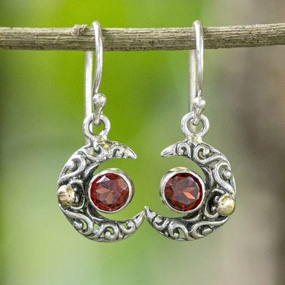 Alternate image for Moon-Themed Natural Garnet Dangle Earrings with Gold Accents A Night of Crimson
