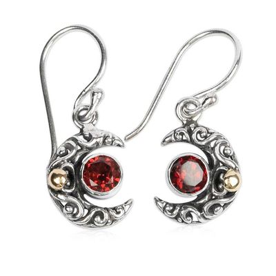 Alternate image for Moon-Themed Natural Garnet Dangle Earrings with Gold Accents A Night of Crimson