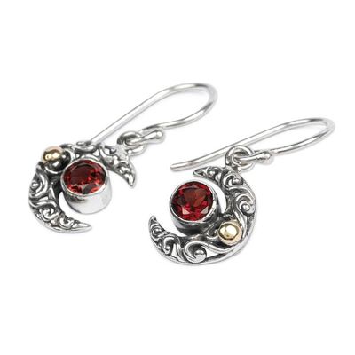 Alternate image for Moon-Themed Natural Garnet Dangle Earrings with Gold Accents A Night of Crimson