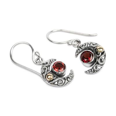Alternate image for Moon-Themed Natural Garnet Dangle Earrings with Gold Accents A Night of Crimson