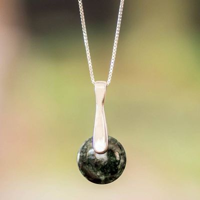 Alternate image for Modern Dark Green Jade Silver Necklace with Round Pendant Green Circle of Love