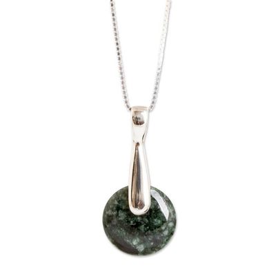 Alternate image for Modern Dark Green Jade Silver Necklace with Round Pendant Green Circle of Love