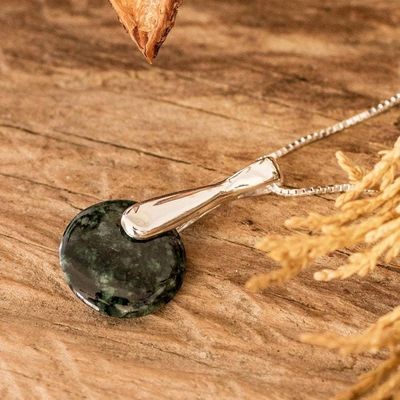 Alternate image for Modern Dark Green Jade Silver Necklace with Round Pendant Green Circle of Love