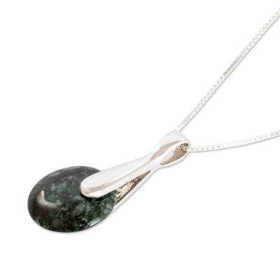Alternate image for Modern Dark Green Jade Silver Necklace with Round Pendant Green Circle of Love