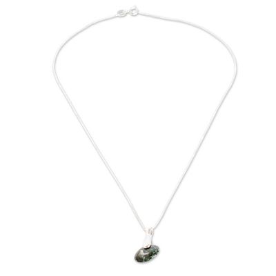 Alternate image for Modern Dark Green Jade Silver Necklace with Round Pendant Green Circle of Love