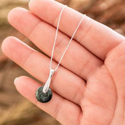 Alternate image for Modern Dark Green Jade Silver Necklace with Round Pendant Green Circle of Love