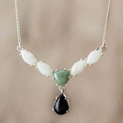 Alternate image for Modern 925 Silver Y-Necklace with Jade in 3 Colors Natural Trio