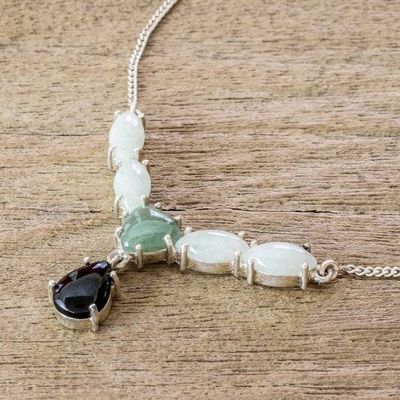 Alternate image for Modern 925 Silver Y-Necklace with Jade in 3 Colors Natural Trio