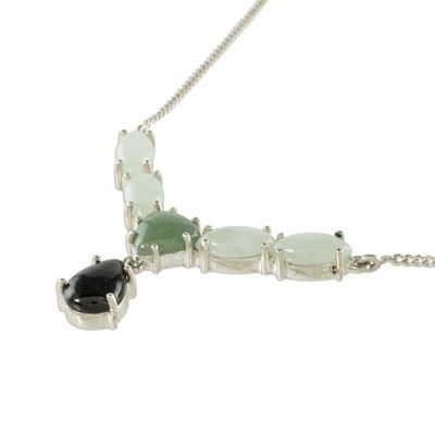 Alternate image for Modern 925 Silver Y-Necklace with Jade in 3 Colors Natural Trio