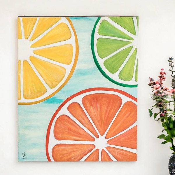 Alternate image for Acrylic on Canvas Painting of Lemon Orange and Lime Citrus Colors Harmony