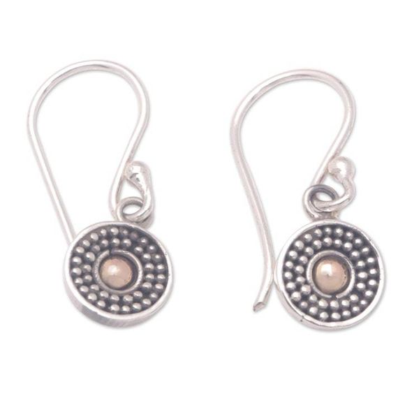 Alternate image for Gong-Themed Sterling Silver Dangle Earrings with Gold Accent Antique Gong