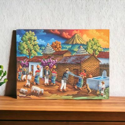 Primary image for Colorful Oil Painting of a Small Guatemalan Maya Town Courting