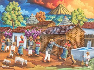 Alternate image for Colorful Oil Painting of a Small Guatemalan Maya Town Courting