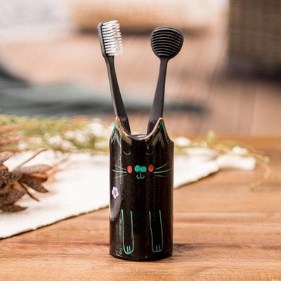 Alternate image for Cat-Themed Ceramic Decorative Vase Utensil and Pen Holder Petite Black Feline Organizer