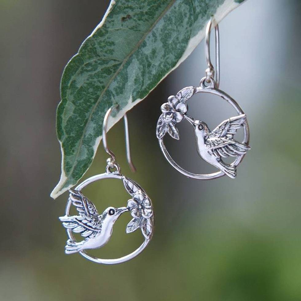 Hummingbird-Themed Sterling Silver Dangle Earrings from Bali 'Dancing Hummingbird'