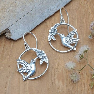 Alternate image for Hummingbird-Themed Sterling Silver Dangle Earrings from Bali Dancing Hummingbird