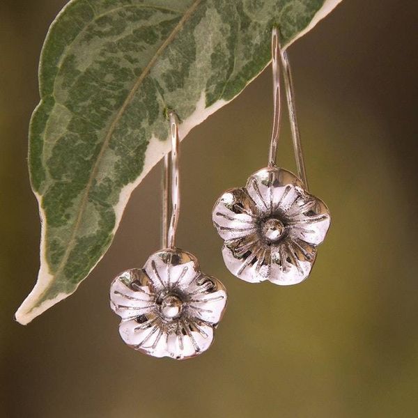 Alternate image for Polished Floral Sterling Silver Drop Earrings from Bali Little Hibiscus