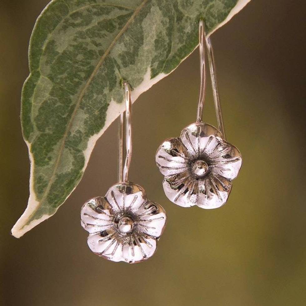 Polished Floral Sterling Silver Drop Earrings from Bali 'Little Hibiscus'