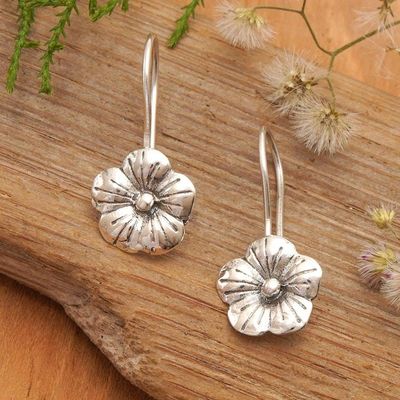 Alternate image for Polished Floral Sterling Silver Drop Earrings from Bali Little Hibiscus