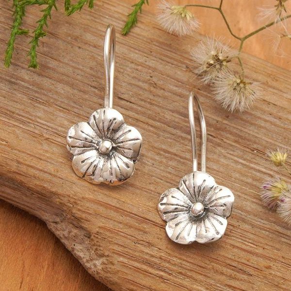 Alternate image for Polished Floral Sterling Silver Drop Earrings from Bali Little Hibiscus
