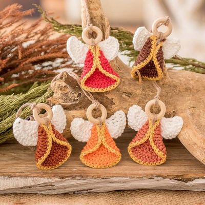 Alternate image for Set of 5 Handmade Warm-Toned Cotton and Wood Angel Ornaments Tender Hope
