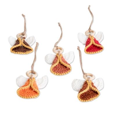 Alternate image for Set of 5 Handmade Warm-Toned Cotton and Wood Angel Ornaments Tender Hope