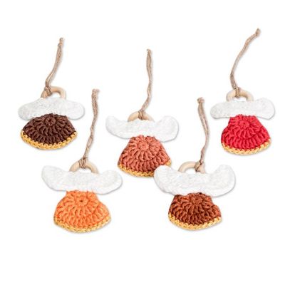Alternate image for Set of 5 Handmade Warm-Toned Cotton and Wood Angel Ornaments Tender Hope