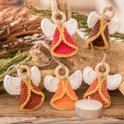Alternate image for Set of 5 Handmade Warm-Toned Cotton and Wood Angel Ornaments Tender Hope
