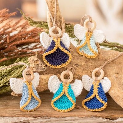 Primary image for Set of 5 Handmade Blue-Toned Cotton and Wood Angel Ornaments Magical Hope