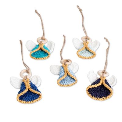 Alternate image for Set of 5 Handmade Blue-Toned Cotton and Wood Angel Ornaments Magical Hope
