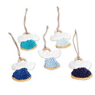 Alternate image for Set of 5 Handmade Blue-Toned Cotton and Wood Angel Ornaments Magical Hope
