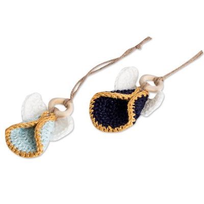 Alternate image for Set of 5 Handmade Blue-Toned Cotton and Wood Angel Ornaments Magical Hope