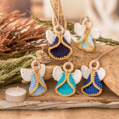 Alternate image for Set of 5 Handmade Blue-Toned Cotton and Wood Angel Ornaments Magical Hope