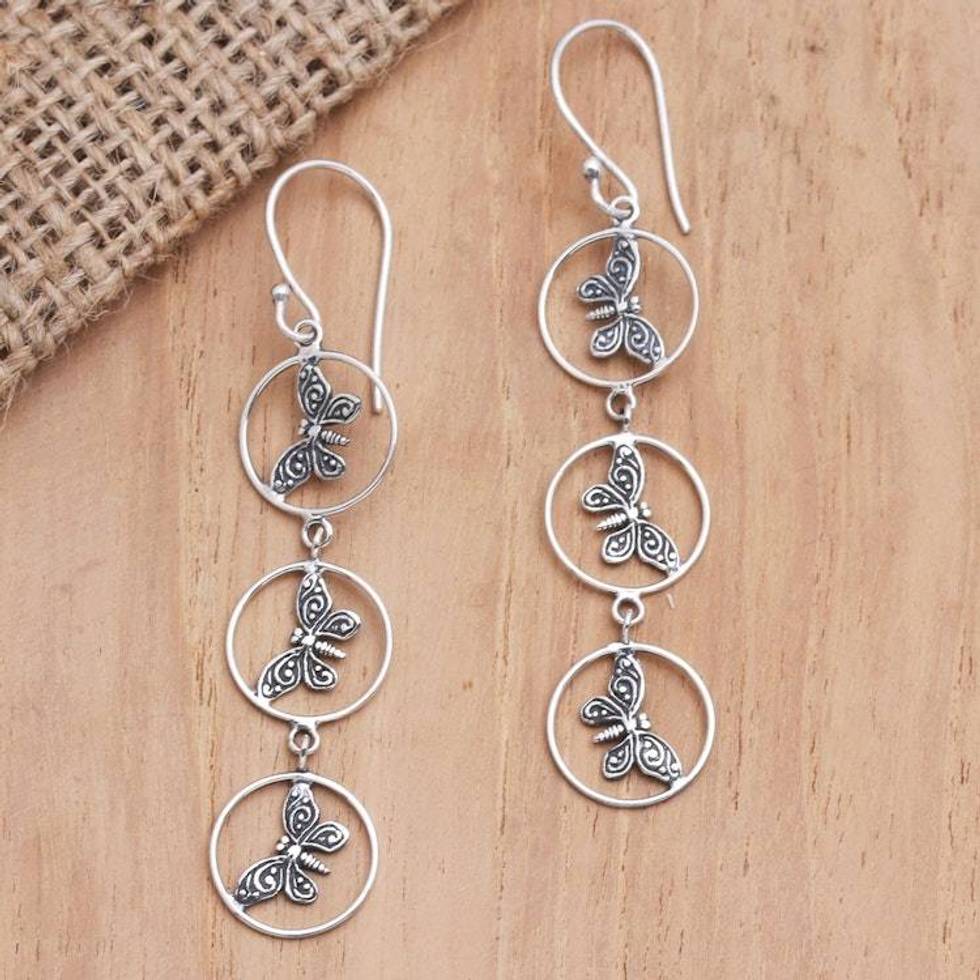 Sterling Silver Butterfly-Motif Dangle Earrings 'Nested Butterflies'