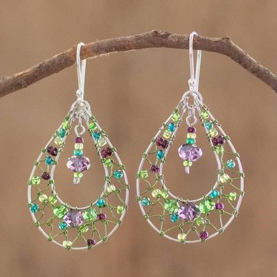 Alternate image for Double Drop Dangle Earrings in Green and Purple Crystals Green and Purple Sparkle