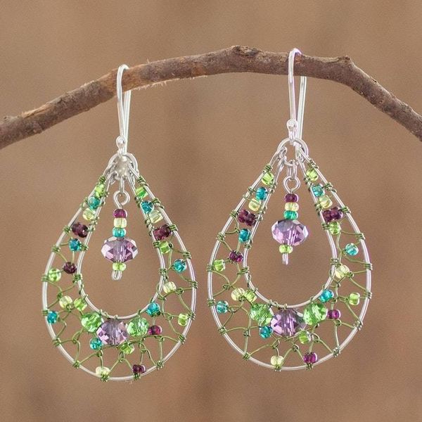 Alternate image for Double Drop Dangle Earrings in Green and Purple Crystals Green and Purple Sparkle