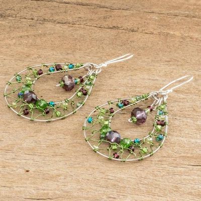 Alternate image for Double Drop Dangle Earrings in Green and Purple Crystals Green and Purple Sparkle