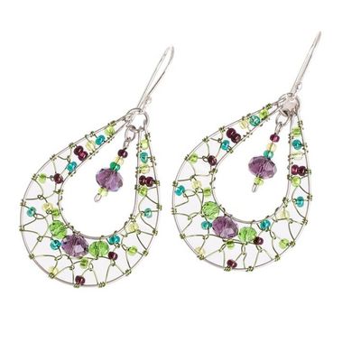 Alternate image for Double Drop Dangle Earrings in Green and Purple Crystals Green and Purple Sparkle