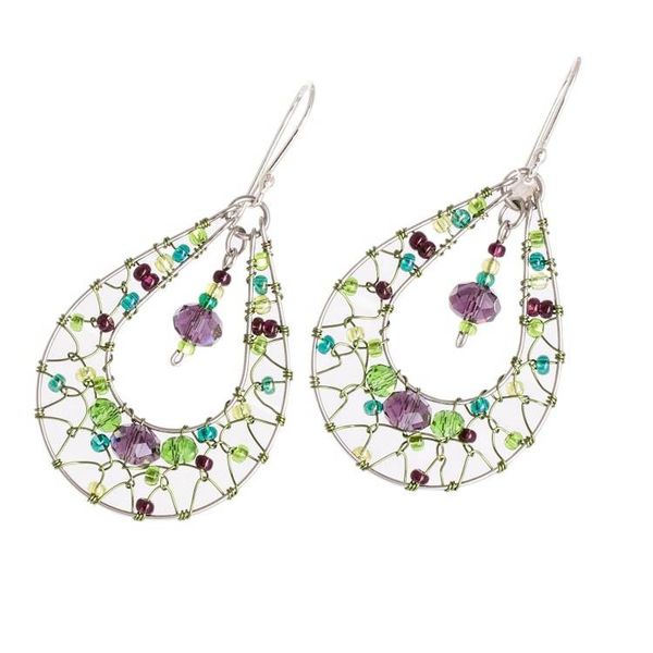 Alternate image for Double Drop Dangle Earrings in Green and Purple Crystals Green and Purple Sparkle