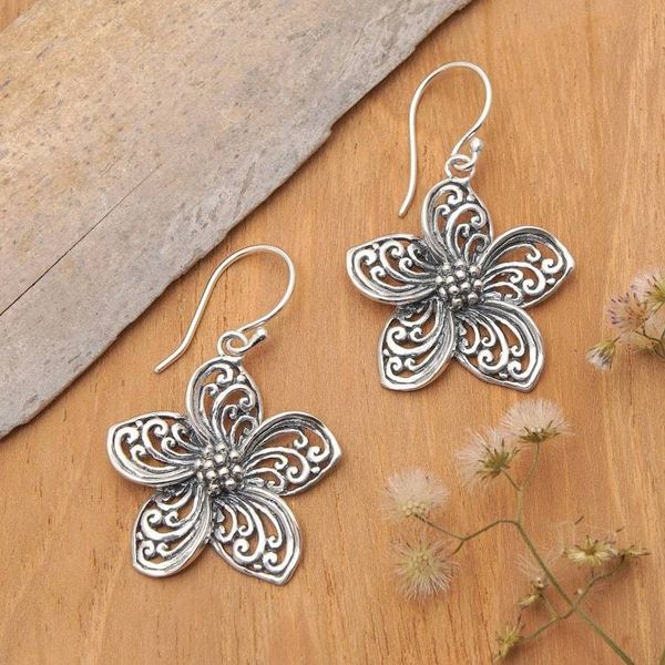 Alternate image for Oxidized and Polished Floral Sterling Silver Dangle Earrings Grand Plumeria