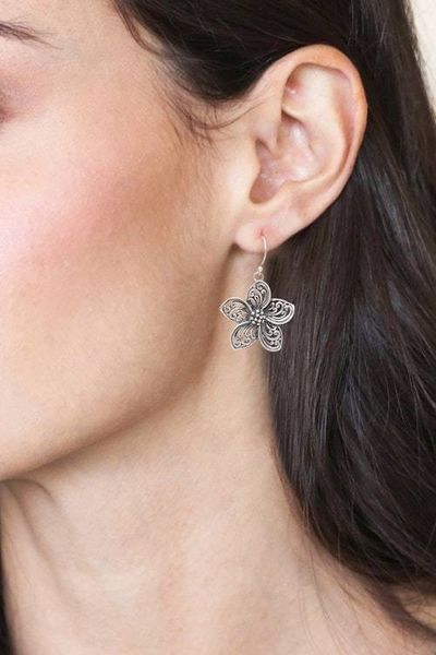 Alternate image for Oxidized and Polished Floral Sterling Silver Dangle Earrings Grand Plumeria
