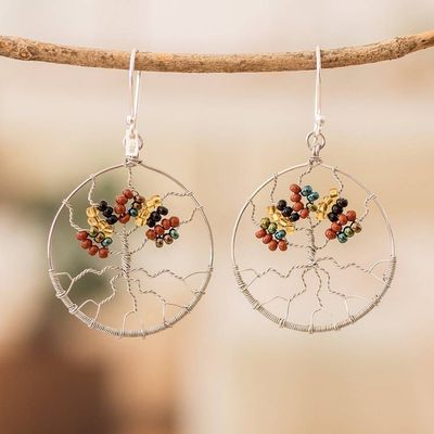 Alternate image for Crystal and Glass Beaded Tree of Life Themed Dangle Earrings Silver Tree